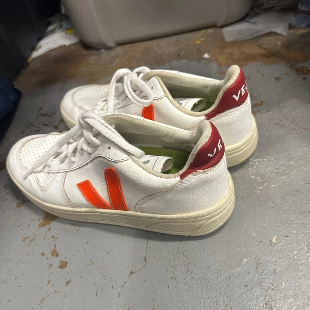 Veja‎ V-10 White Leather Sneakers Orange Burgundy Accents Womens US 9 EUR 40